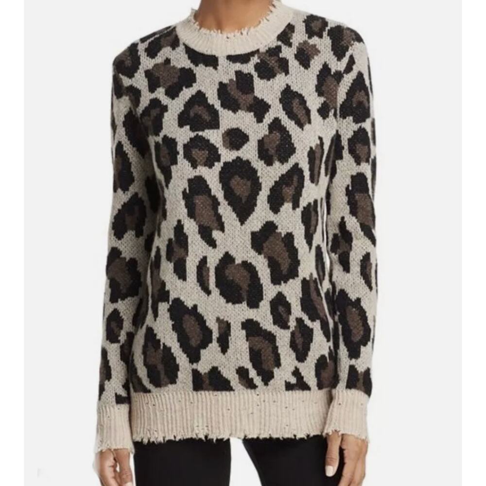 AQUA Women's Leopard Cashmere Sweater MEDIUM Distressed Cheetah Animal Print